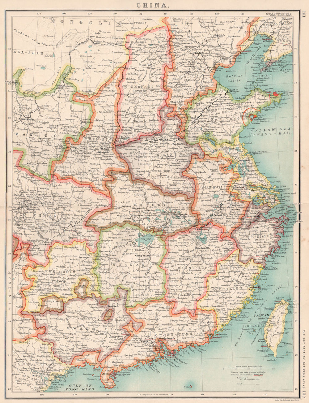 CHINA.Shows enclaves.HK Weihaiwei(Br)Kwangchauwan(Fr)Kiaochan(Ge) 1901 old map