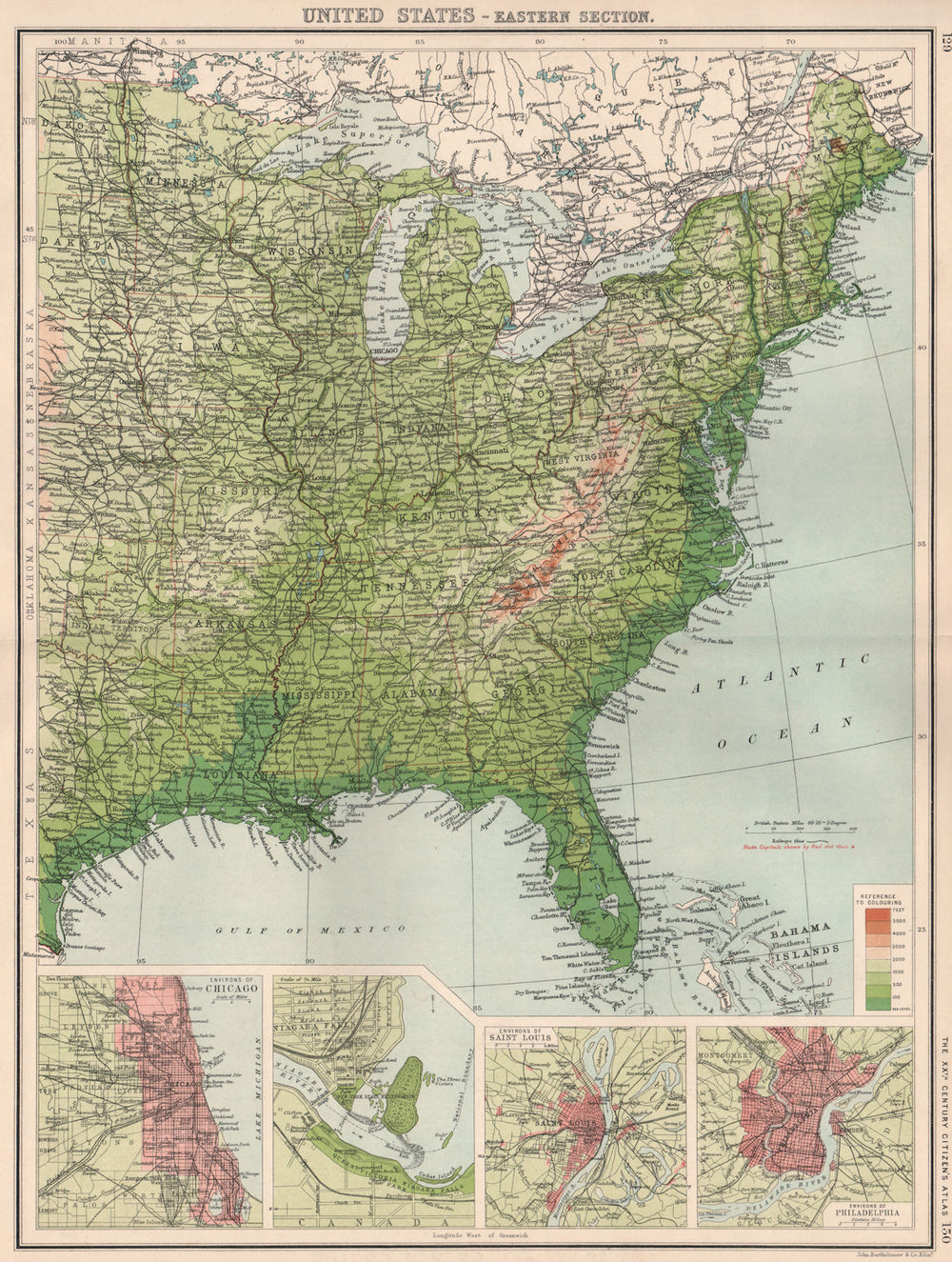 USA EAST. Relief. Inset Chicago Niagara Falls Saint Louis Philadelphia 1901 map