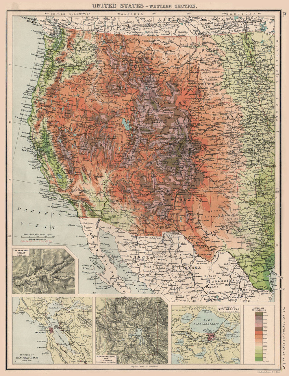 USA WEST. Relief. Inset Yosemite San Francisco Yellowstone New Orleans 1901 map
