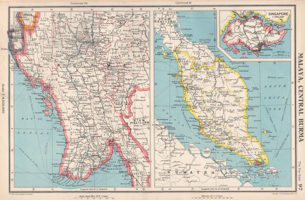 MALAYA & CENTRAL BURMA. inset Singapore. BARTHOLOMEW 1952 old vintage map