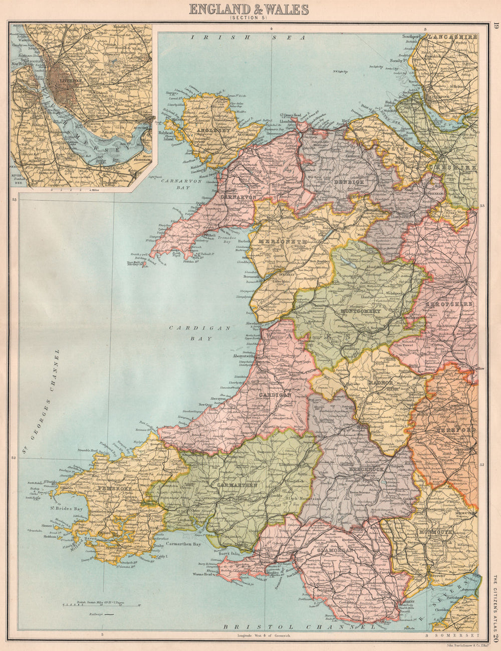 WALES. Showing counties. Inset Liverpool/Mersey. BARTHOLOMEW 1898 old map