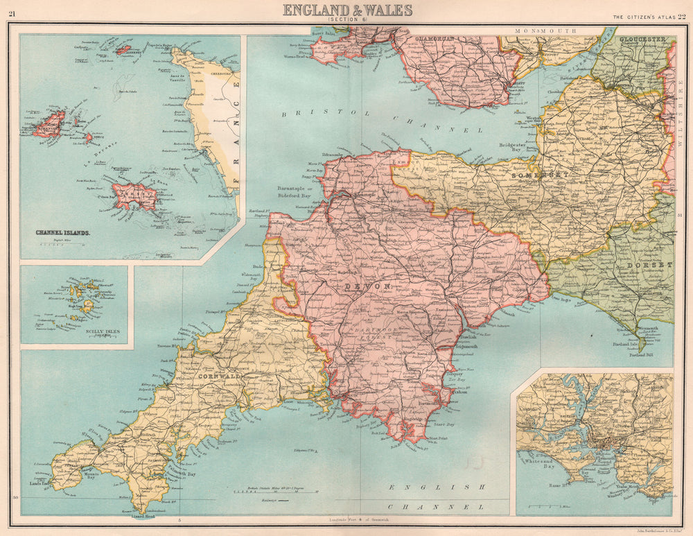SOUTH WEST ENGLAND. Devon Cornwall Somerset. Channel Islands Plymouth 1898 map