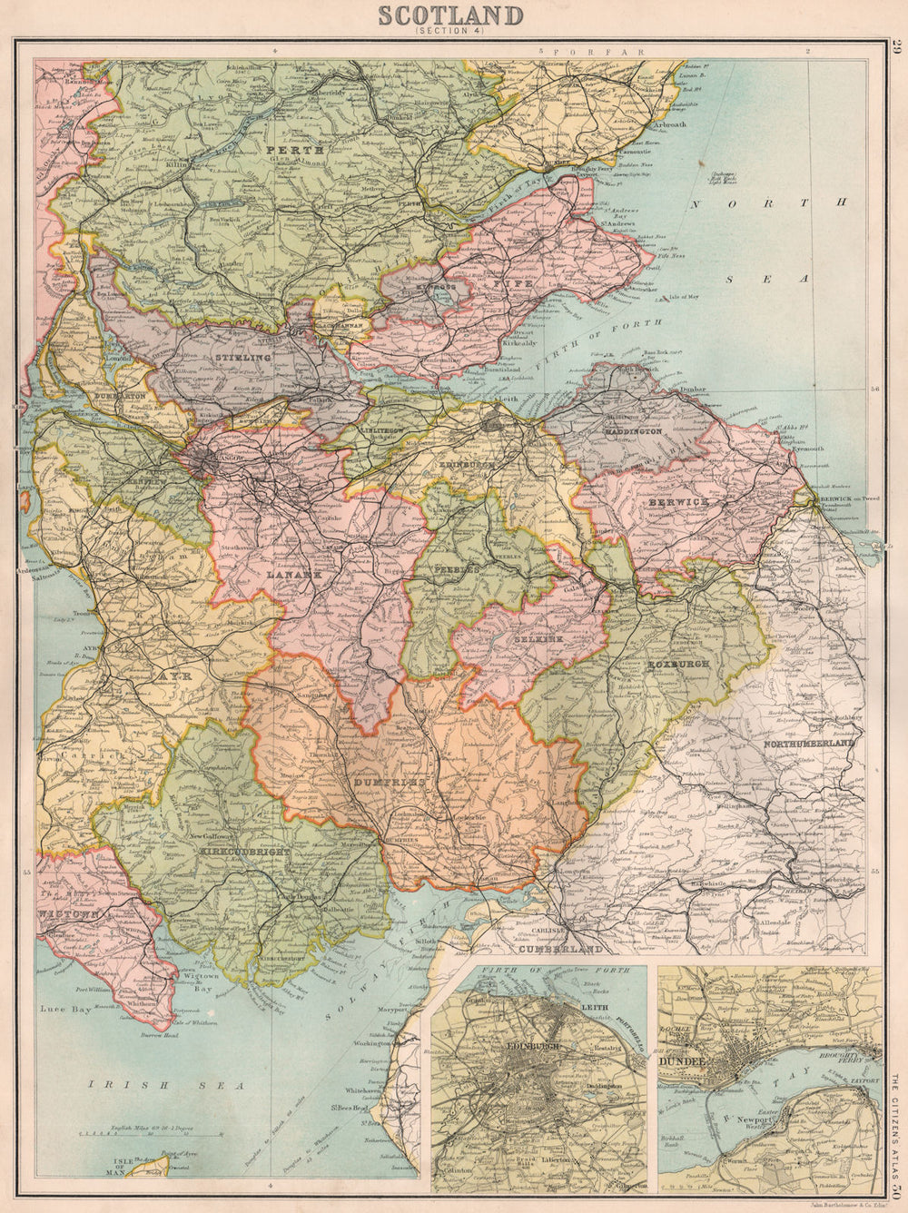 SCOTLAND SOUTH & CENTRAL. Inset Edinburgh & Dundee. BARTHOLOMEW 1898 old map