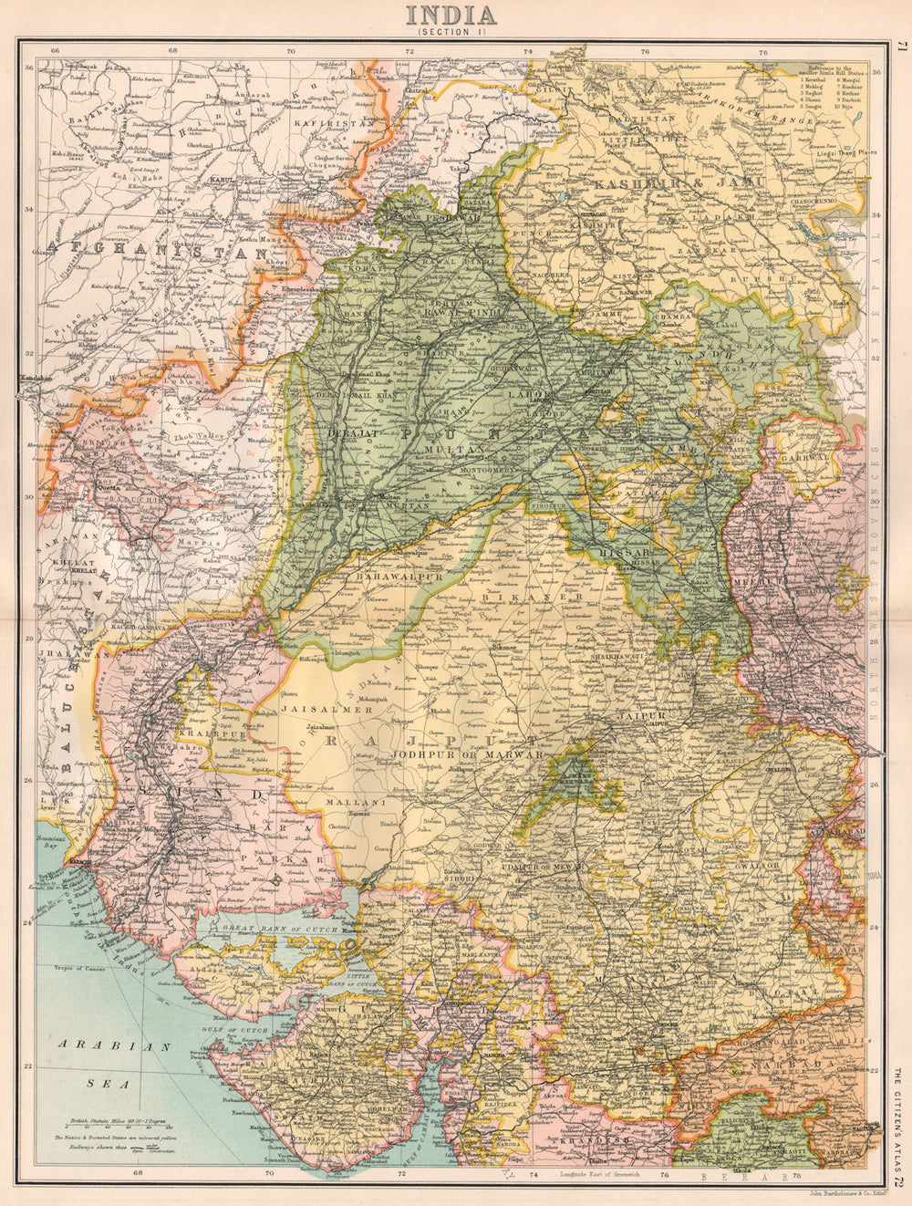 BRITISH INDIA NORTH WEST. Rajputana Gujarat Punjab. BARTHOLOMEW 1898 old map