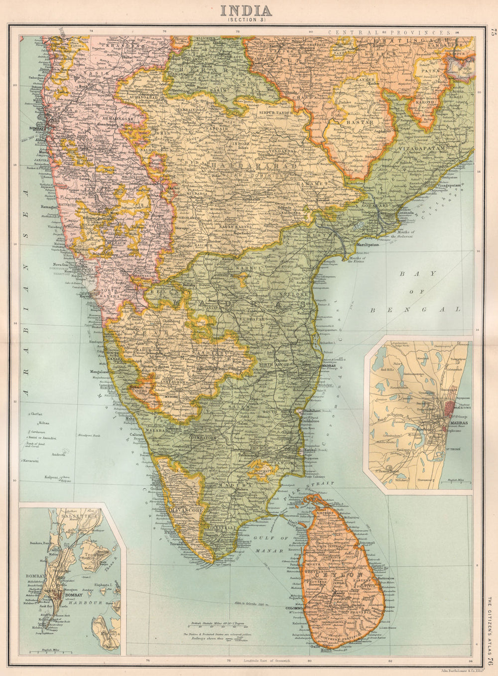 BRITISH INDIA SOUTH.Madras(Chennai)Mysore Hyderabad Ceylon(Sri Lanka) 1898 map