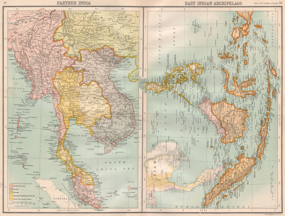 INDOCHINA/EAST INDIES. Shows "Siamese (Thai) Guaranteed Territory" 1898 map