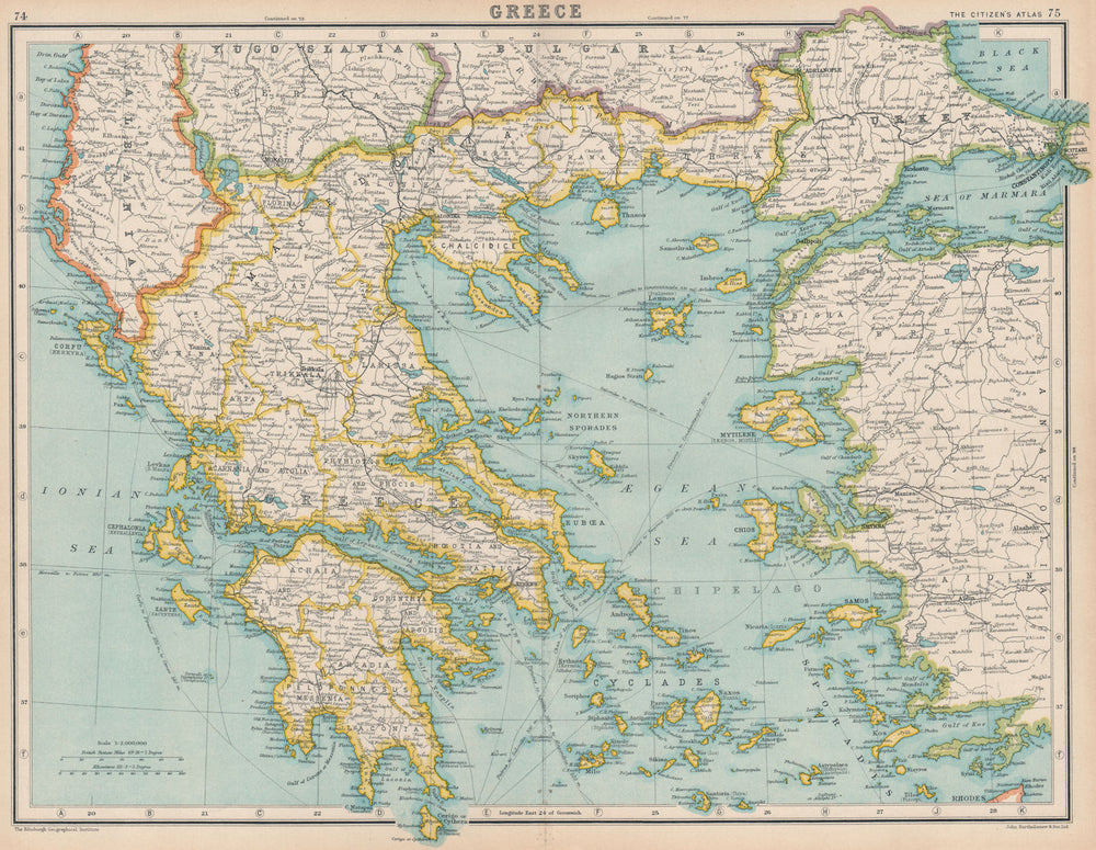 GREECE. and the Aegean islands. BARTHOLOMEW 1924 old antique map plan chart