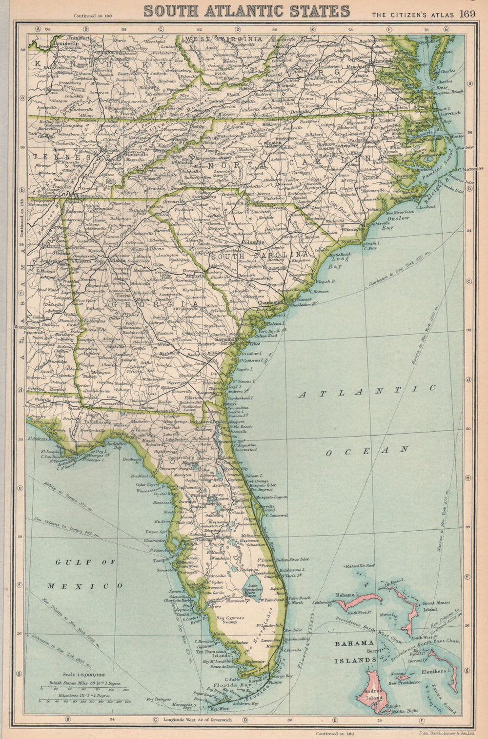 SOUTHEASTERN USA. Florida Georgia North & South Carolina. BARTHOLOMEW 1924 map