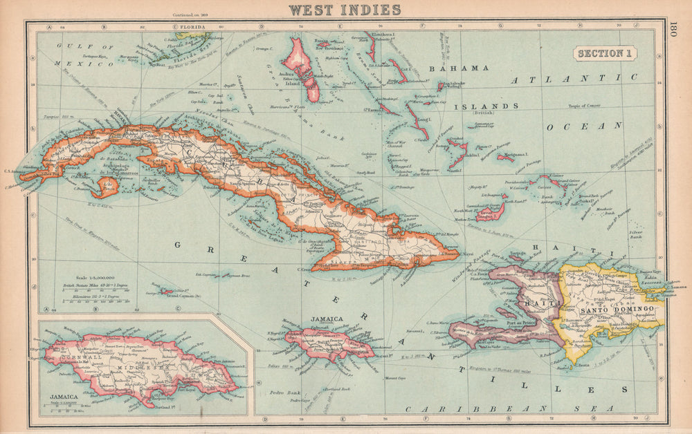 WEST INDIES. Cuba Jamaica Bahamas Hispaniola. BARTHOLOMEW 1924 old antique map