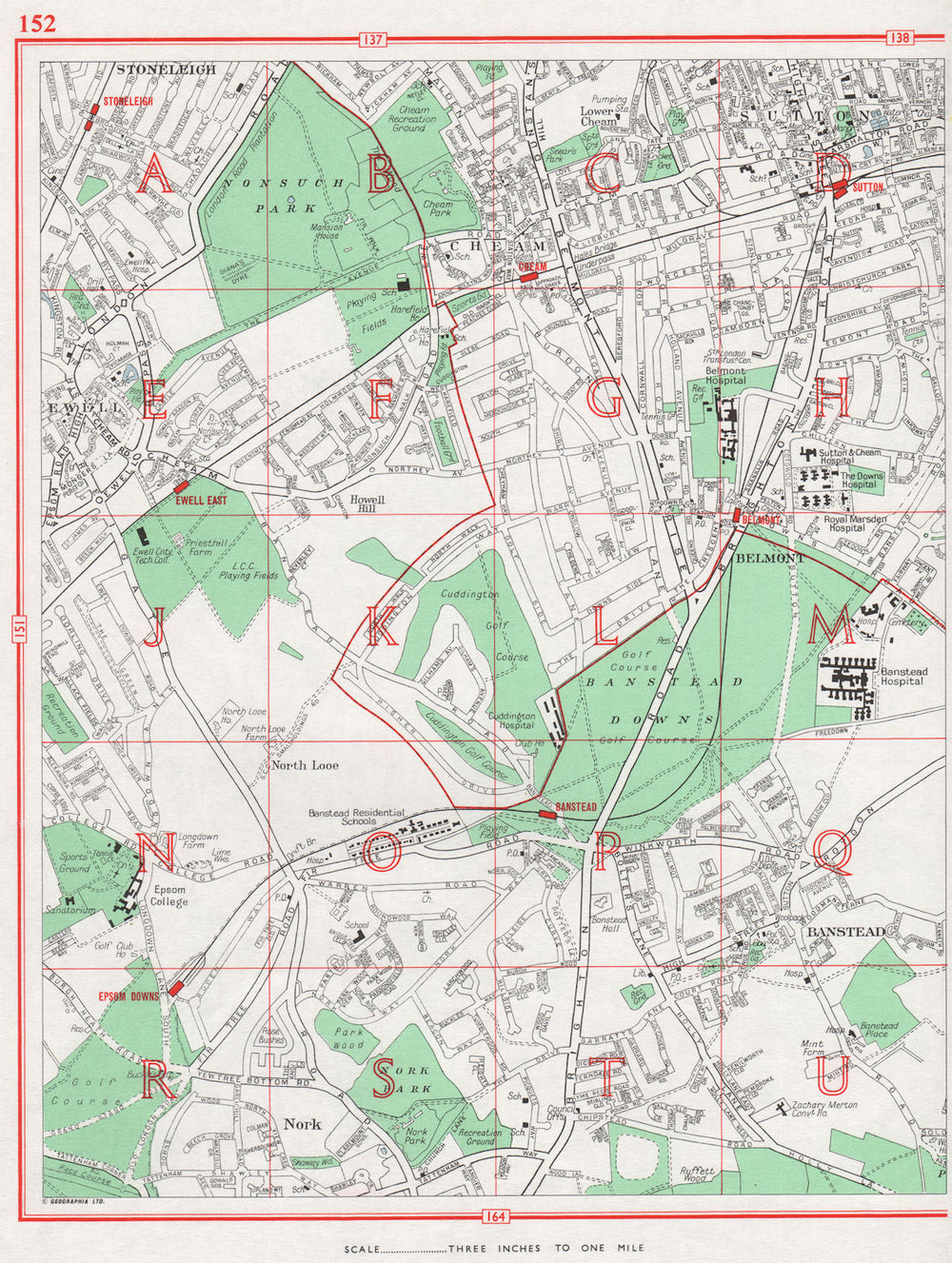 SUTTON. Stoneleigh Cheam Ewell Nork Banstead Epsom Downs. Surrey 1964 old map