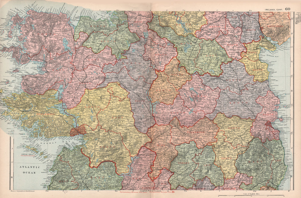 CENTRAL IRELAND. Showing parliamentary divisions & boroughs. BACON 1896 map