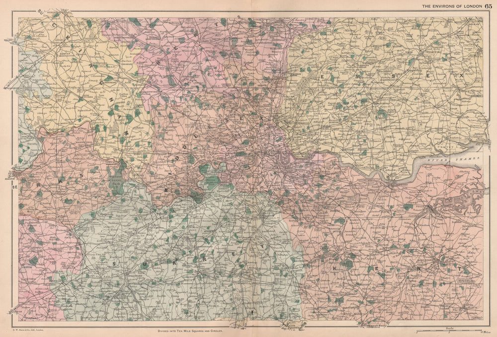 GREATER LONDON. Environs of London. Home counties. BACON 1896 old antique map