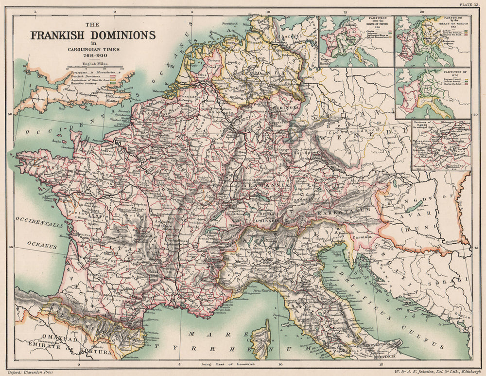 CAROLINGIAN EMPIRE 768-900. Frankish Dominions. Partition Pippin Verdun 1902 map
