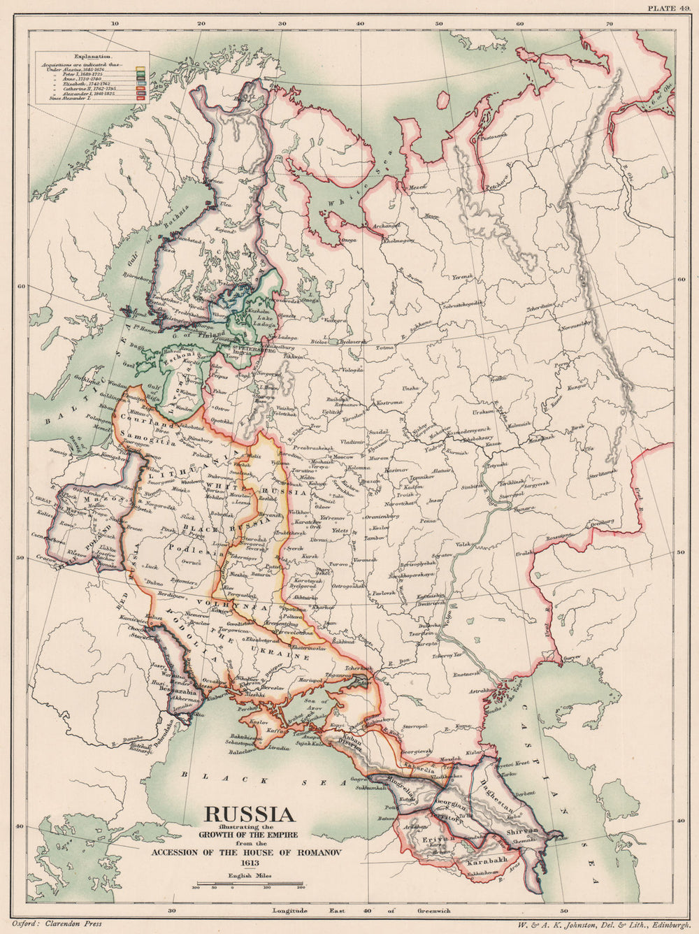ROMANOV RUSSIA. Imperial growth from accession in 1613 1902 old antique map