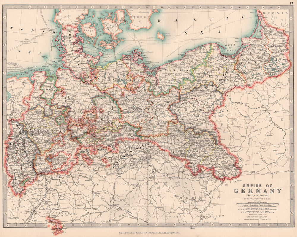 GERMAN EMPIRE NORTH. Prussia &c. Railways Canals. JOHNSTON 1906 old map