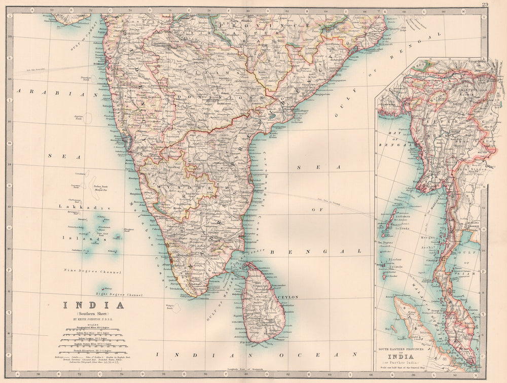 BRITISH INDIA SOUTH.Burma Ceylon Straits Settlements Singapore.JOHNSTON 1906 map