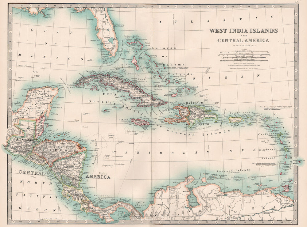 CARIBBEAN. West Indies Central America. Danish Virgin islands. JOHNSTON 1906 map