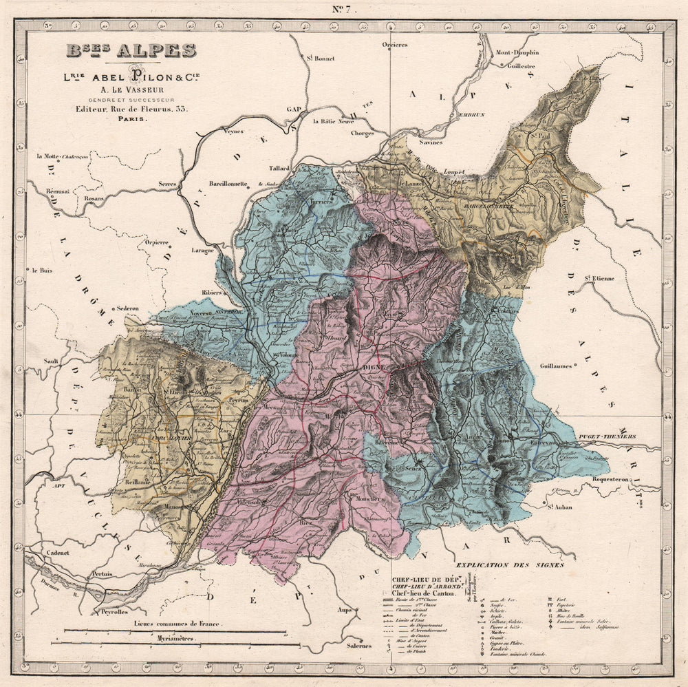 BASSES-ALPES-de-Haute-Provence department.Resources minerals.LE VASSEUR 1876 map