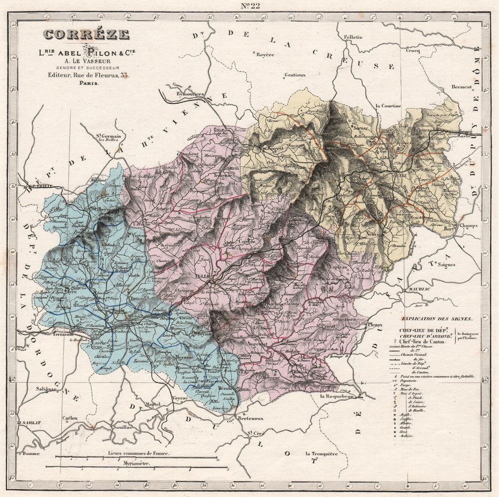 CORRÈZE department showing resources & minerals. LE VASSEUR 1876 old map