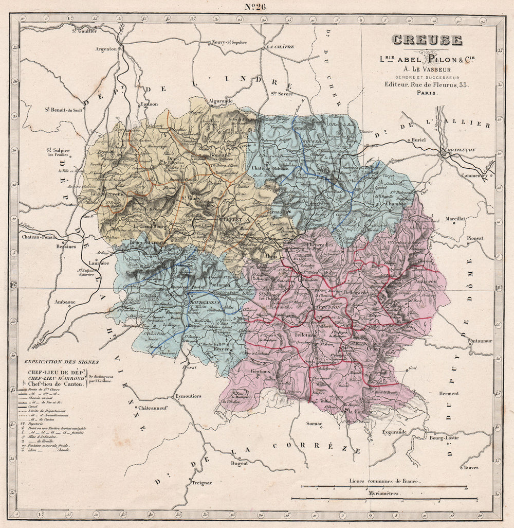 CREUSE department showing resources & minerals. LE VASSEUR 1876 old map