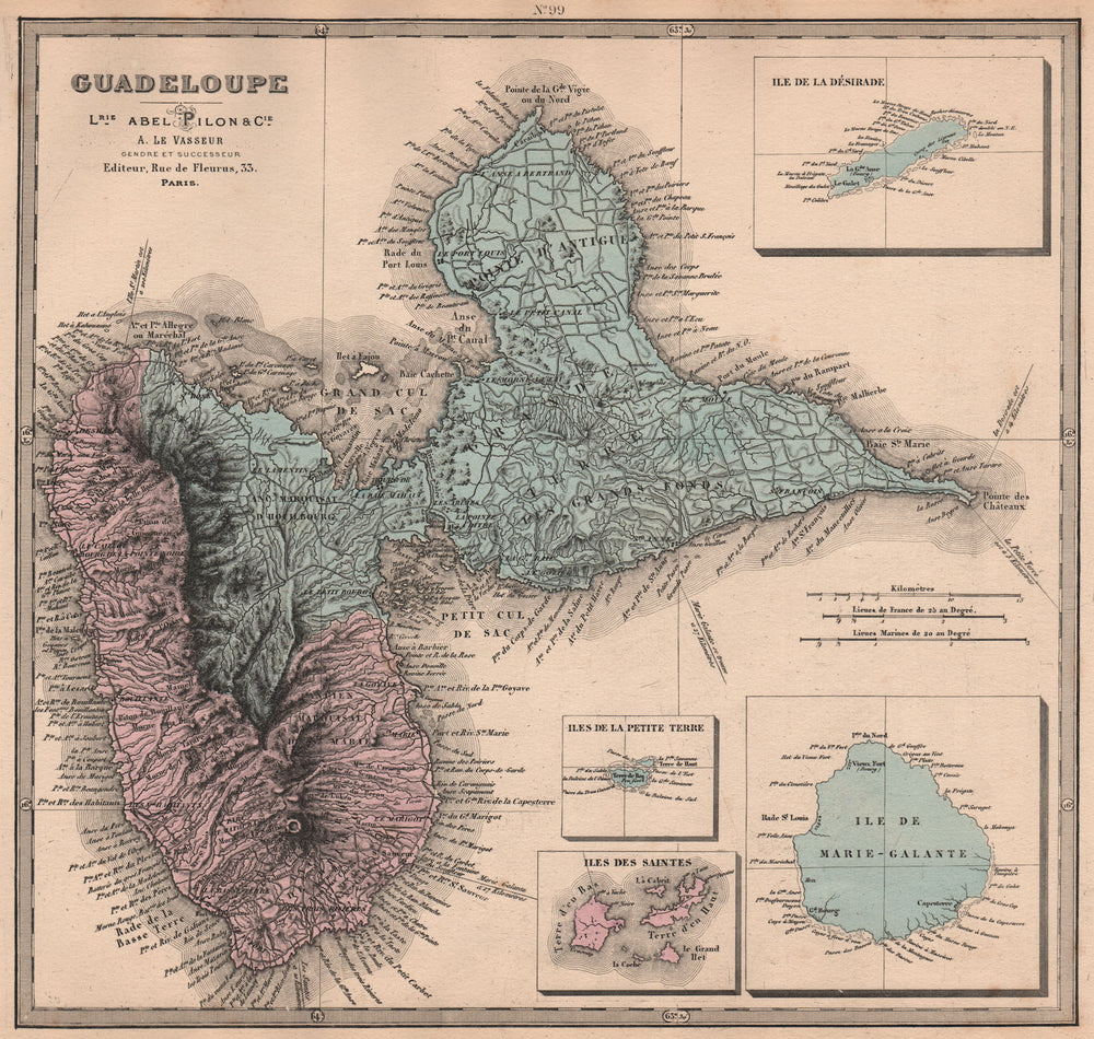 Ile de GUADELOUPE Marie-Galante Saintes Désirade. Antilles françaises 1876 map