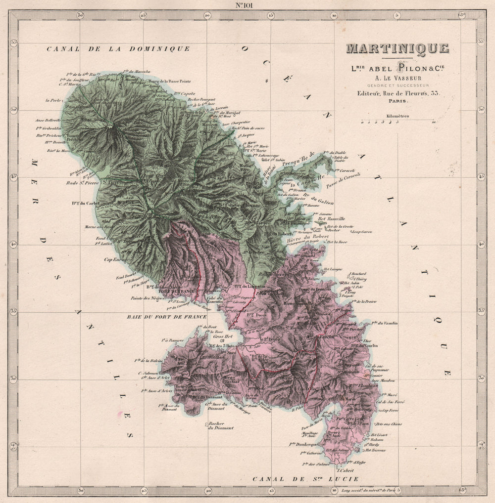 MARTINIQUE. French West Indies. Antilles françaises. Relief. LE VASSEUR 1876 map