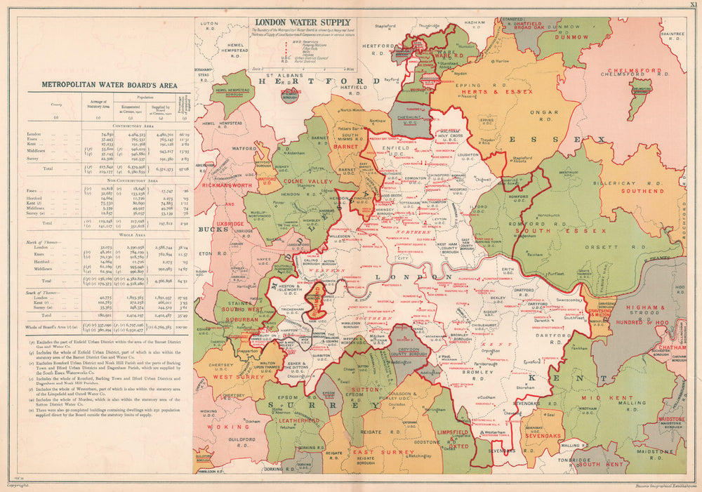 LONDON WATER SUPPLY. Metropolitan Water Board. Reservoirs Pumping Stns 1927 map