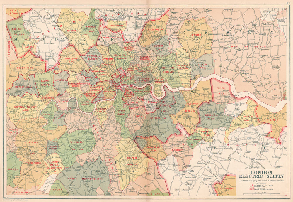 LONDON ELECTRICITY SUPPLY areas. Corporation. Metropolitan. BACON 1927 old map