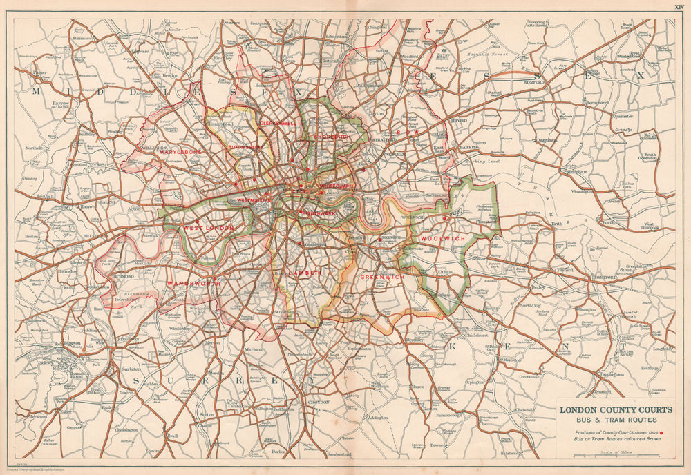 LONDON COUNTY COURTS + BUS & TRAM ROUTES. Vintage map. BACON 1927 old