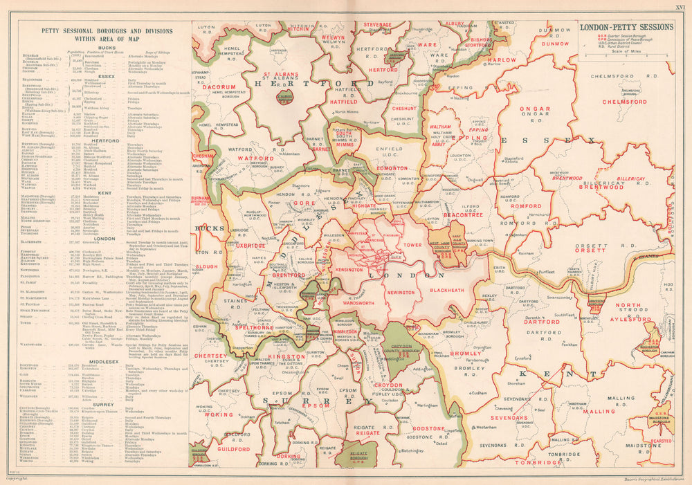 LONDON PETTY SESSIONS/sessional boroughs/divisions. Law. Courts. BACON 1927 map
