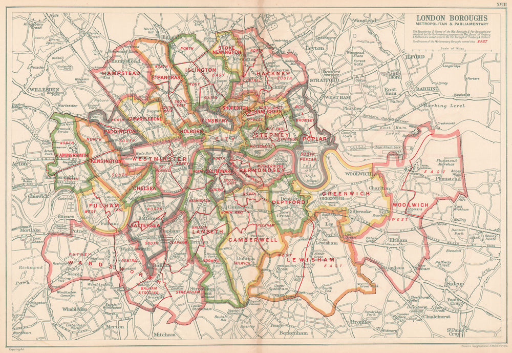 LONDON BOROUGHS. Metropolitan & Parliamentary. Constituencies. BACON 1927 map