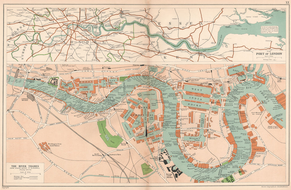 THE PORT OF LONDON showing wharves & docks. Thames. Vintage map. BACON 1927