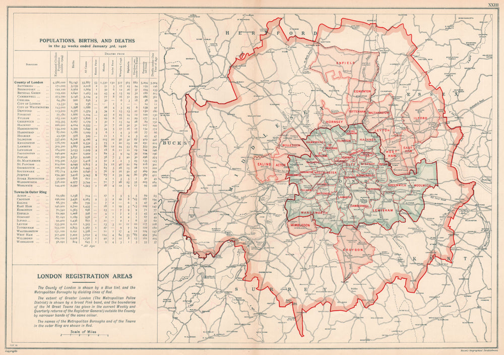 LONDON POPULATION, BIRTHS & DEATHS for 1926. County of London. BACON 1927 map