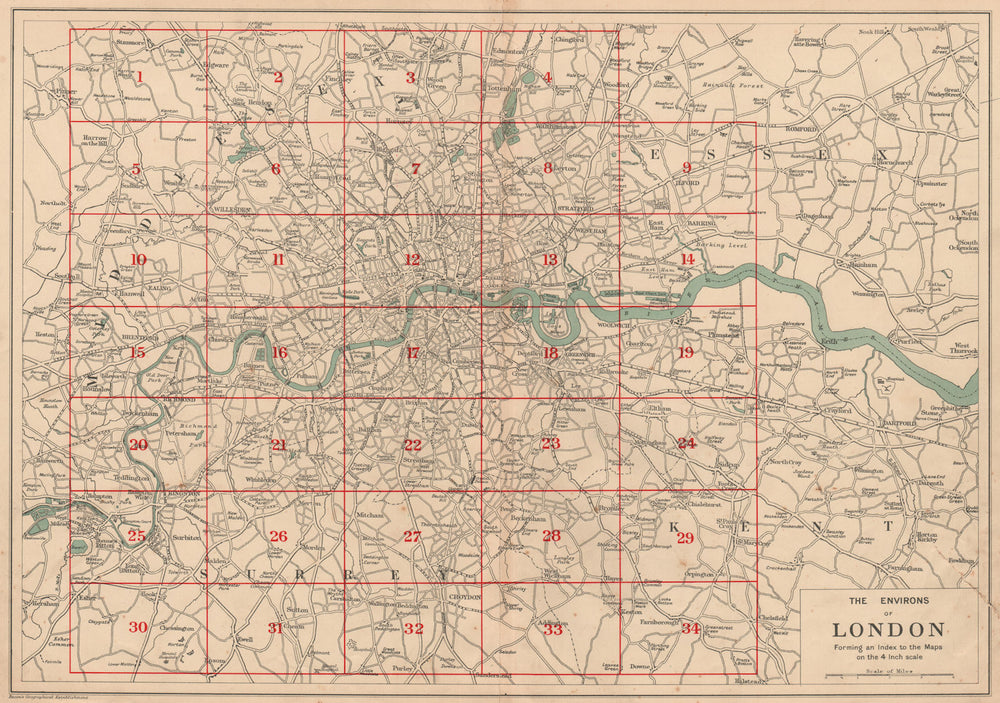 THE ENVIRONS OF LONDON. Index map. Main roads. BACON 1927 old vintage