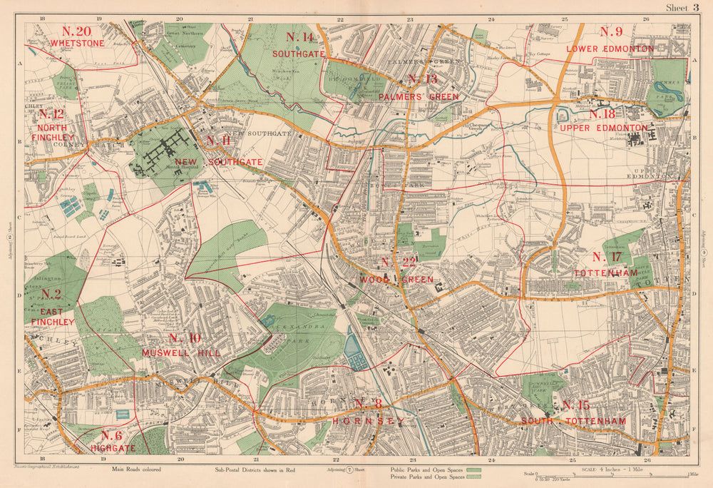 N LONDON Hornsey Edmonton Muswell Hill Southgate Tottenham. BACON 1927 old map