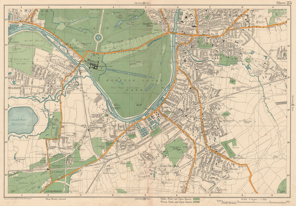 KINGSTON-UPON-THAMES Surbiton Molesey Hampton Court Thames Ditton.BACON 1927 map