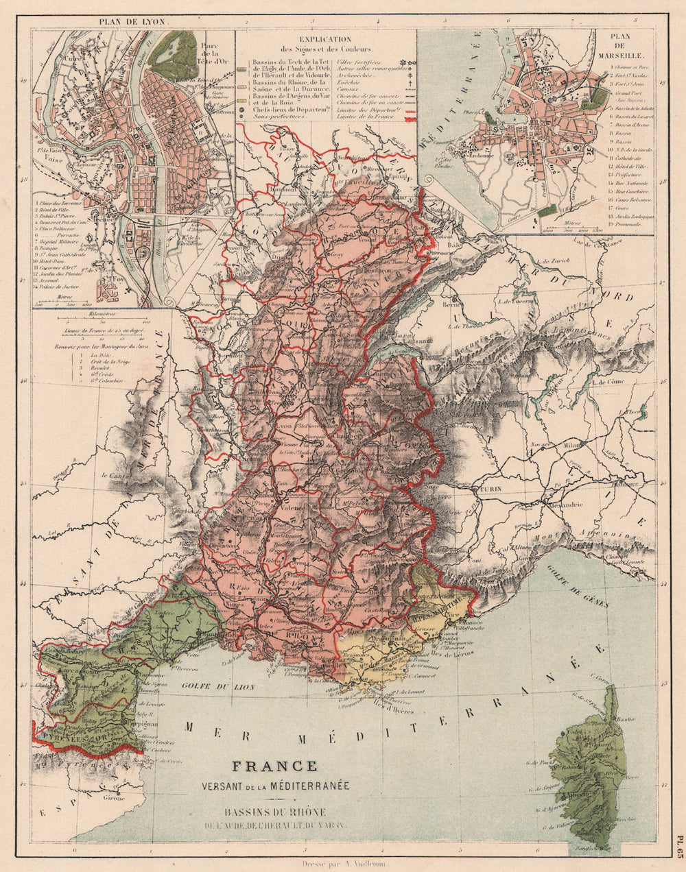 FRANCE MEDITERRANEAN WATERSHED. Sâone Rhône Var Aude Herault basins 1880 map