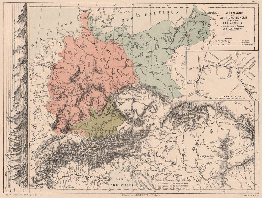 GERMANY WATERSHEDS/drainage divides into North Baltic Black Seas. Alps 1880 map