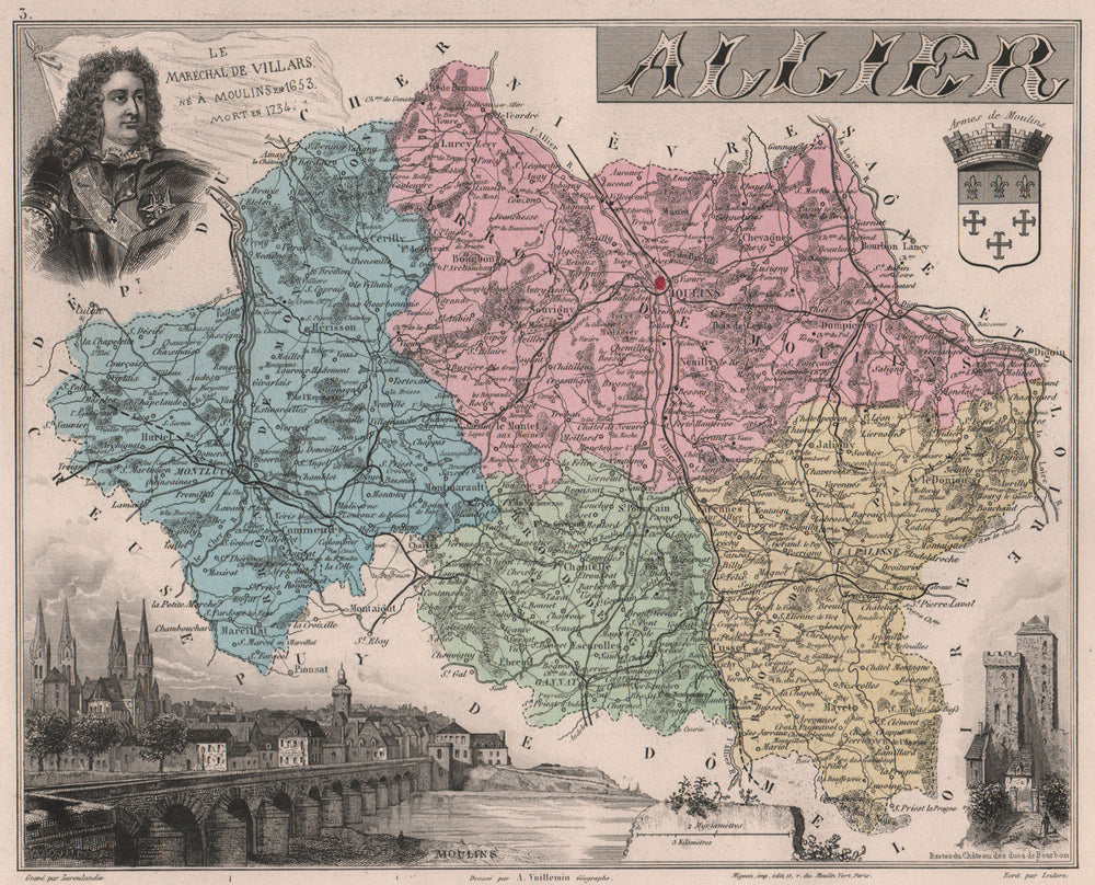 ALLIER. Département. Moulins. Marechal de Villars. VUILLEMIN 1879 old map