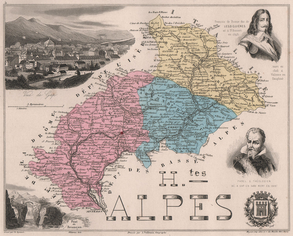 HAUTES-ALPES. Département. Gap. Farel. Lesdiguières. VUILLEMIN 1879 old map