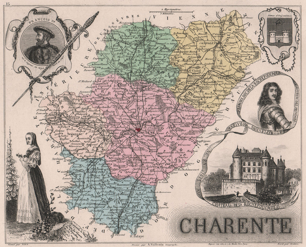 CHARENTE Département.Chateau/Duc de Rochefoucauld.Francois I.VUILLEMIN 1879 map