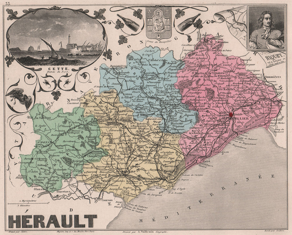 HÉRAULT. Département. Cette. Riquet. VUILLEMIN 1879 old antique map plan chart