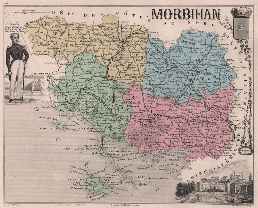 MORBIHAN. Département. Vannes. Bisson. VUILLEMIN 1879 old antique map chart