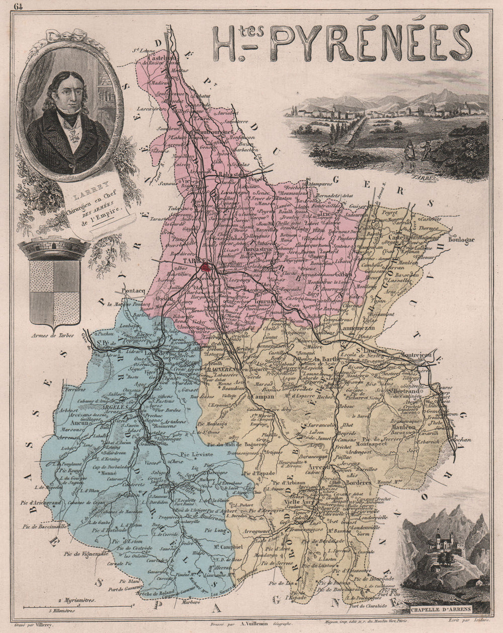HAUTES-PYRÉNÉES. Département. Tarbes. Larrey. VUILLEMIN 1879 old antique map