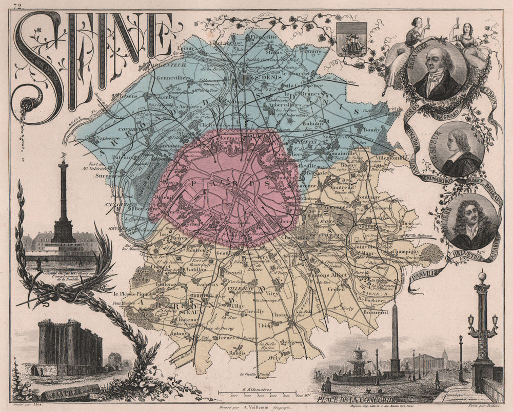 SEINE. Département. Paris. Beranger. le Sueur. Molière. VUILLEMIN 1879 old map