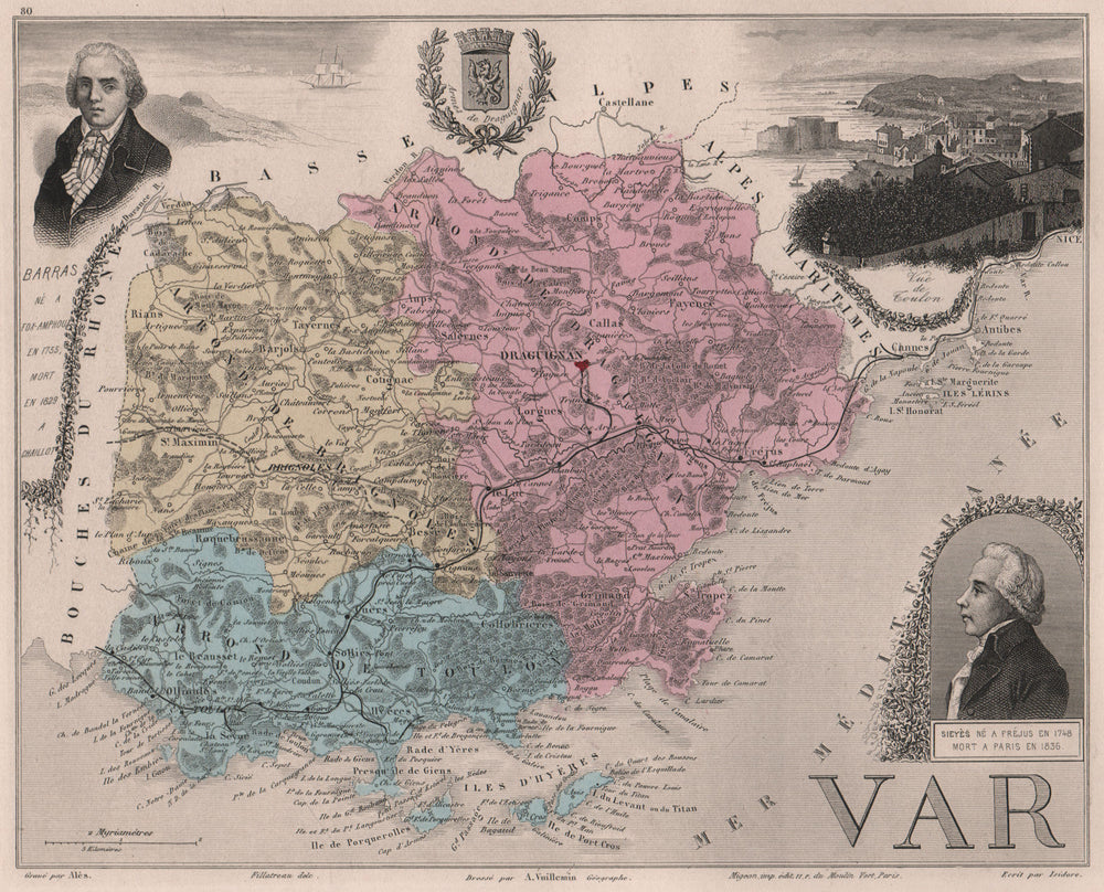 VAR. Département. Toulon. Barras. Sieyès. VUILLEMIN 1879 old antique map chart