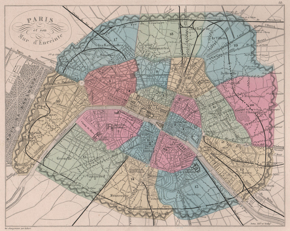 Paris et son Mur d'Enceinte'. City walls & arrondissements. VUILLEMIN 1879 map