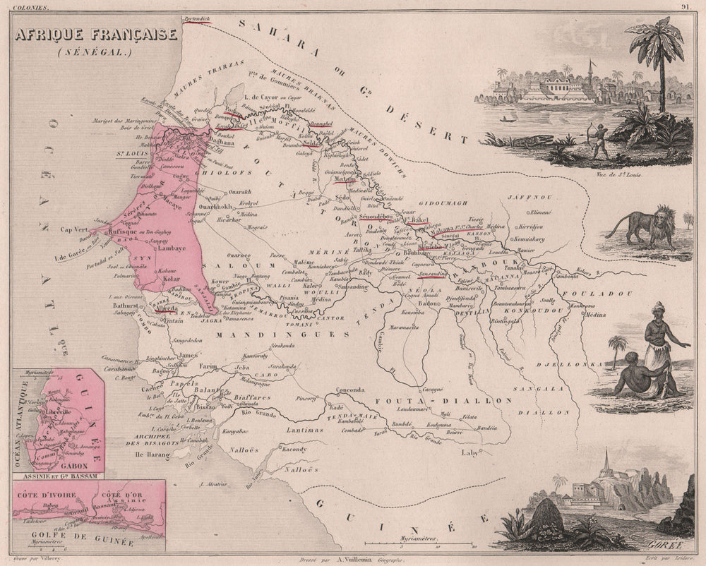 AFRIQUE FRANÇAISE/SENEGAL.Gabon Côte d'Ivoire St Louis Gorée.VUILLEMIN 1879 map