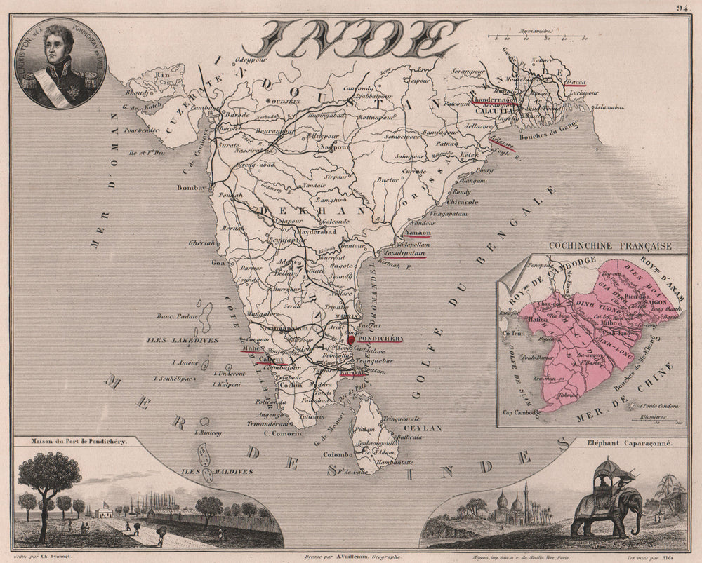INDE FRANÇAISE Cochinchine Pondichéry Lauriston French India VUILLEMIN 1879 map
