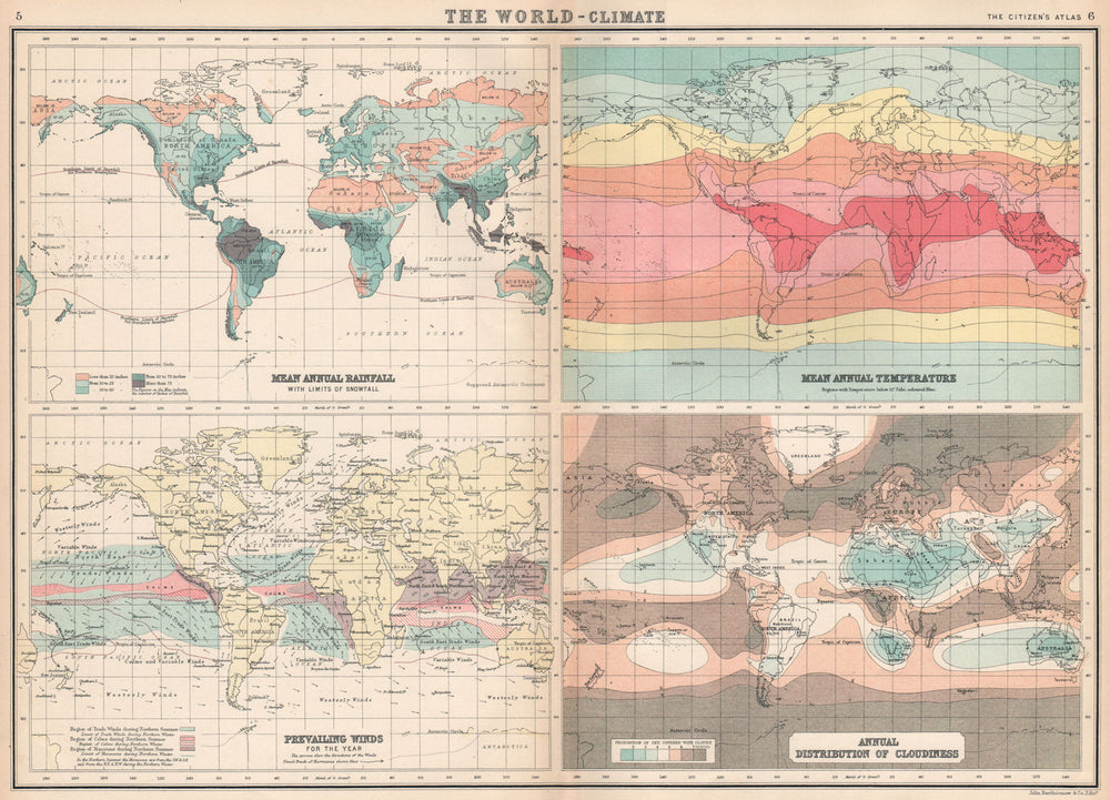 WORLD CLIMATE. Rainfall Temperature Winds Cloudiness. BARTHOLOMEW 1912 old map